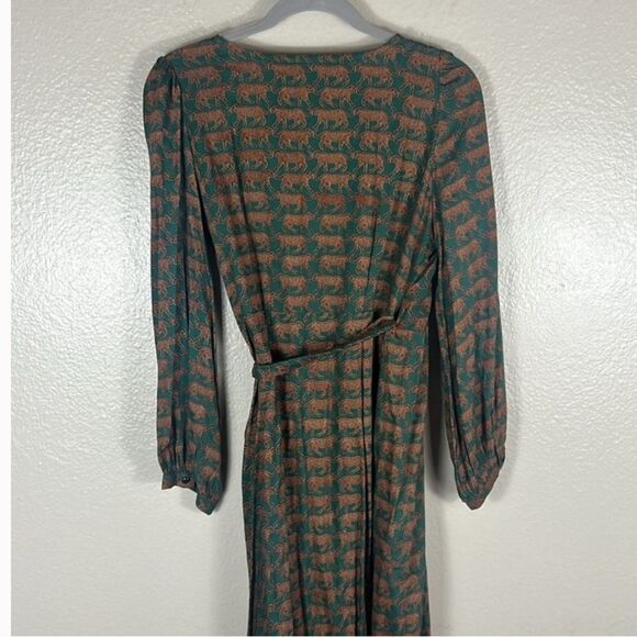 EMERSON FRY Bishop Sleeves Wrap Midi Dress  100% Rayon Dark Green Cheetah M - Picture 5 of 9